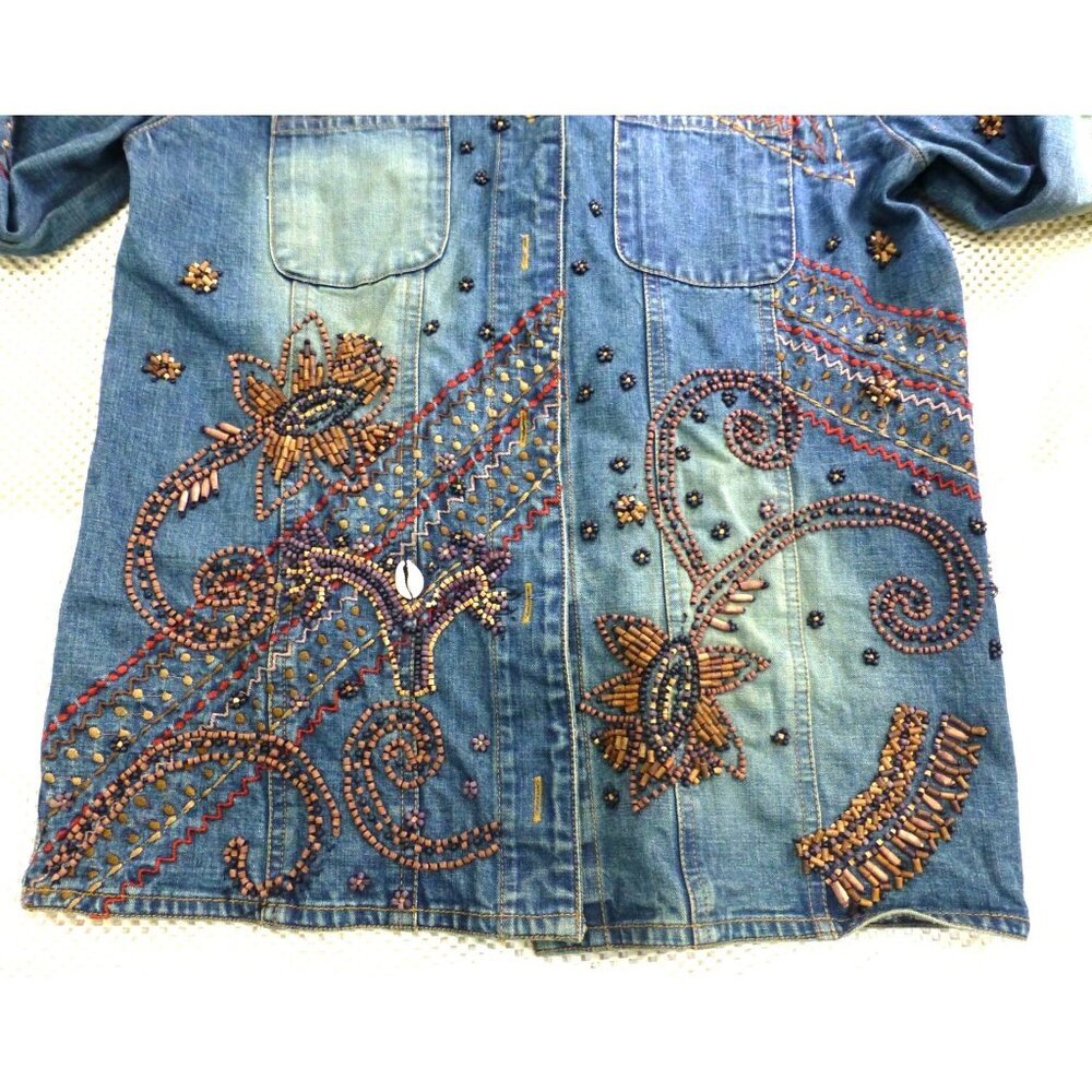 Chicos Design Embellished Denim Jacket Beaded Floral Embroidery Button Front Wom - Picture 5 of 15